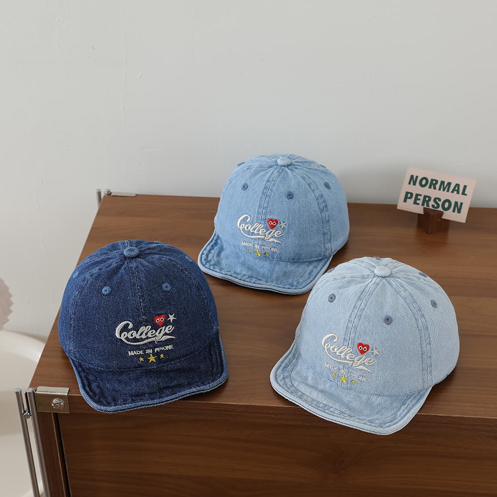 Baby Water-washed Denim Duckbill Hat With Heart-shaped Stars Embroidered On The Soft Brim - An Outdoor Casual Hat For Relaxation.