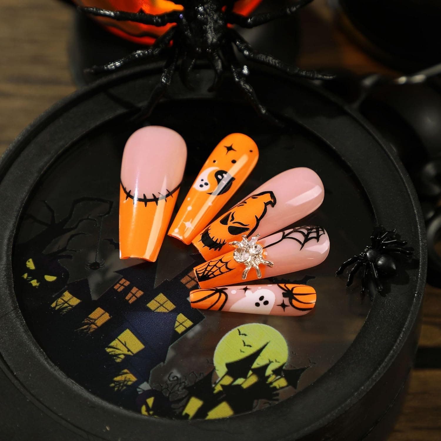 24Pcs Halloween Press On Nails, Medium Ballerina False Nails, Cute Pumpkin Ghost Spider Bat Pattern Acrylic Fake Nails, Reusable Full Cover Stick On Nails For Halloween Party Home DIY Manicure