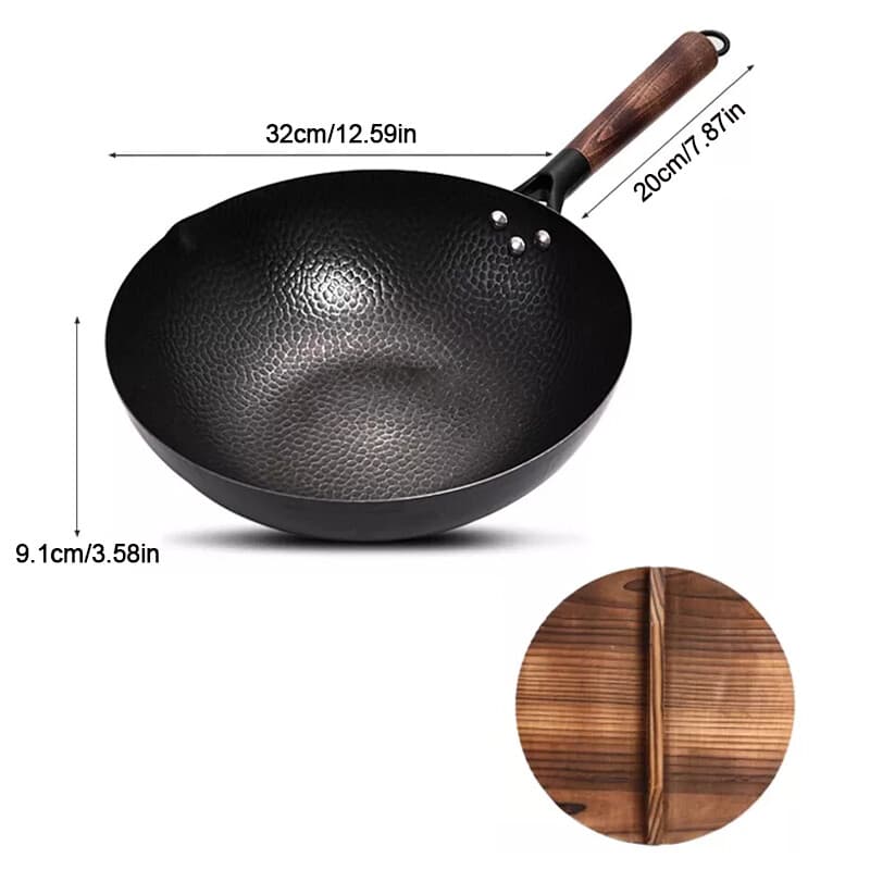 32CM Household Pure Iron Wok Non Coated Cast Iron Pan For Gas Induction Cookers