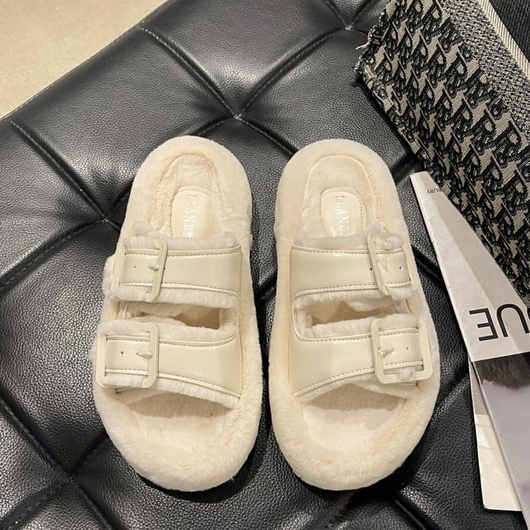 New Women's PlusSize Plush Slippers Hick HeightBoosting Sole, Leather Buckle, Warm Cotton Slippers For Indoor