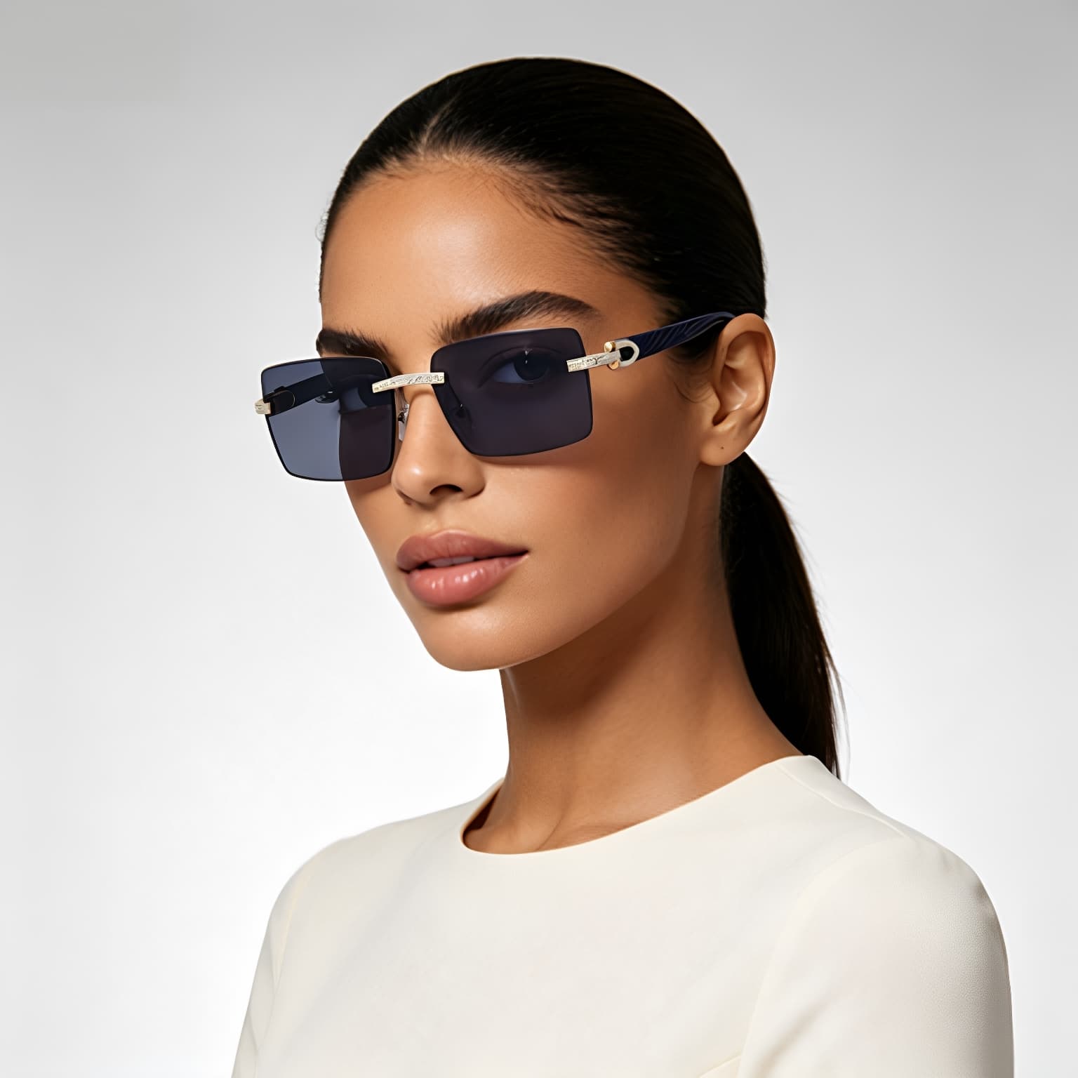 Retro Frameless Men's Sunglasses With Diamond-Encrusted Wood-Grain Temple Arms, New Cross-Border Sunglasses Wholesale Shades