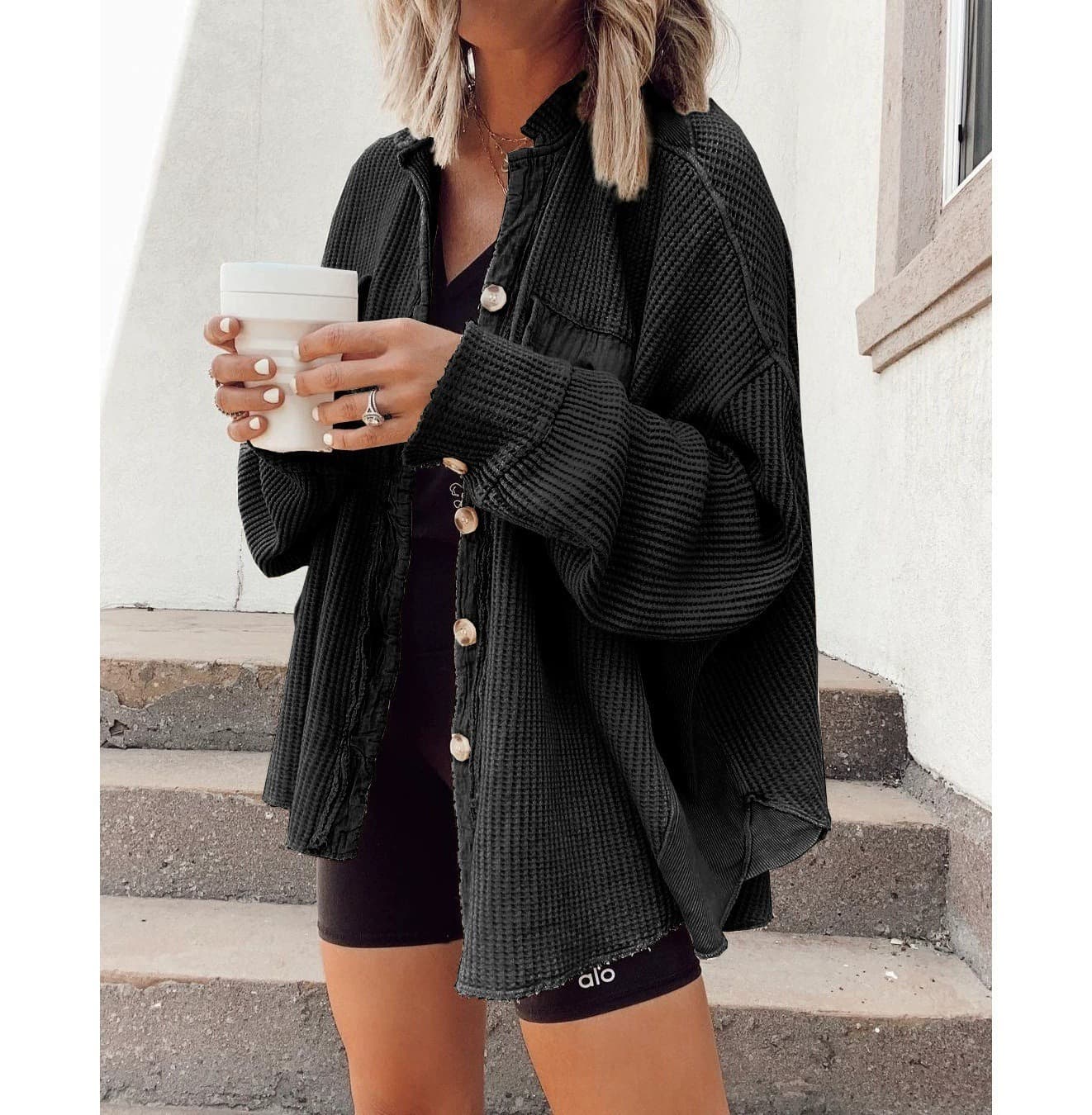 Women's Fall Winter Long Sleeve Waffle Knit Button Cardigan Jacket, Casual Lapel Collar With Pockets Irregular Hem Coat