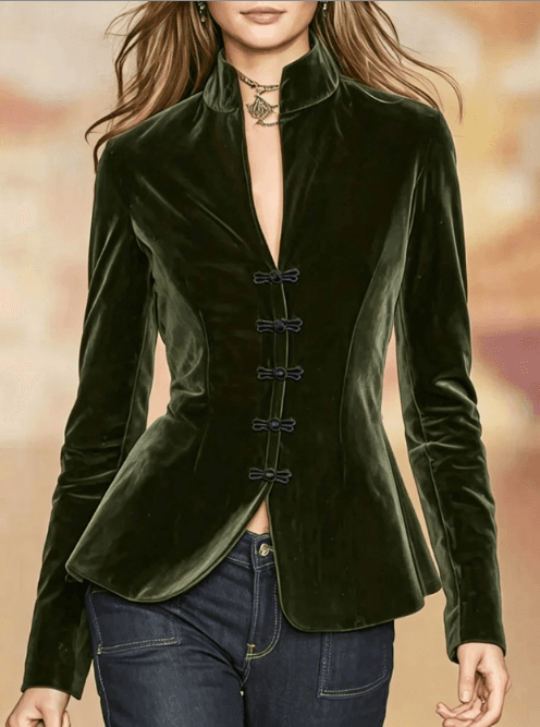 Dark Green Velvet New Chinese-Style Stand-up Collar Fastened With Buttons, High-Waisted And Body-Con Short Jacket