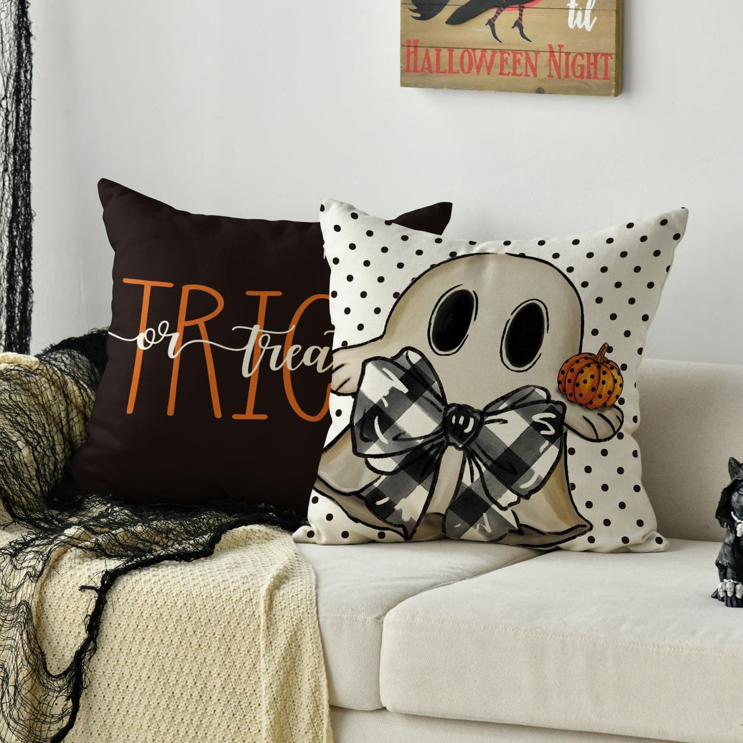 Happy Halloween Ghost Pillow Covers 4 Pack, 18x18 Inch Black Polka Dot Pumpkin Bat Cushion Cases For Sofa And Couch