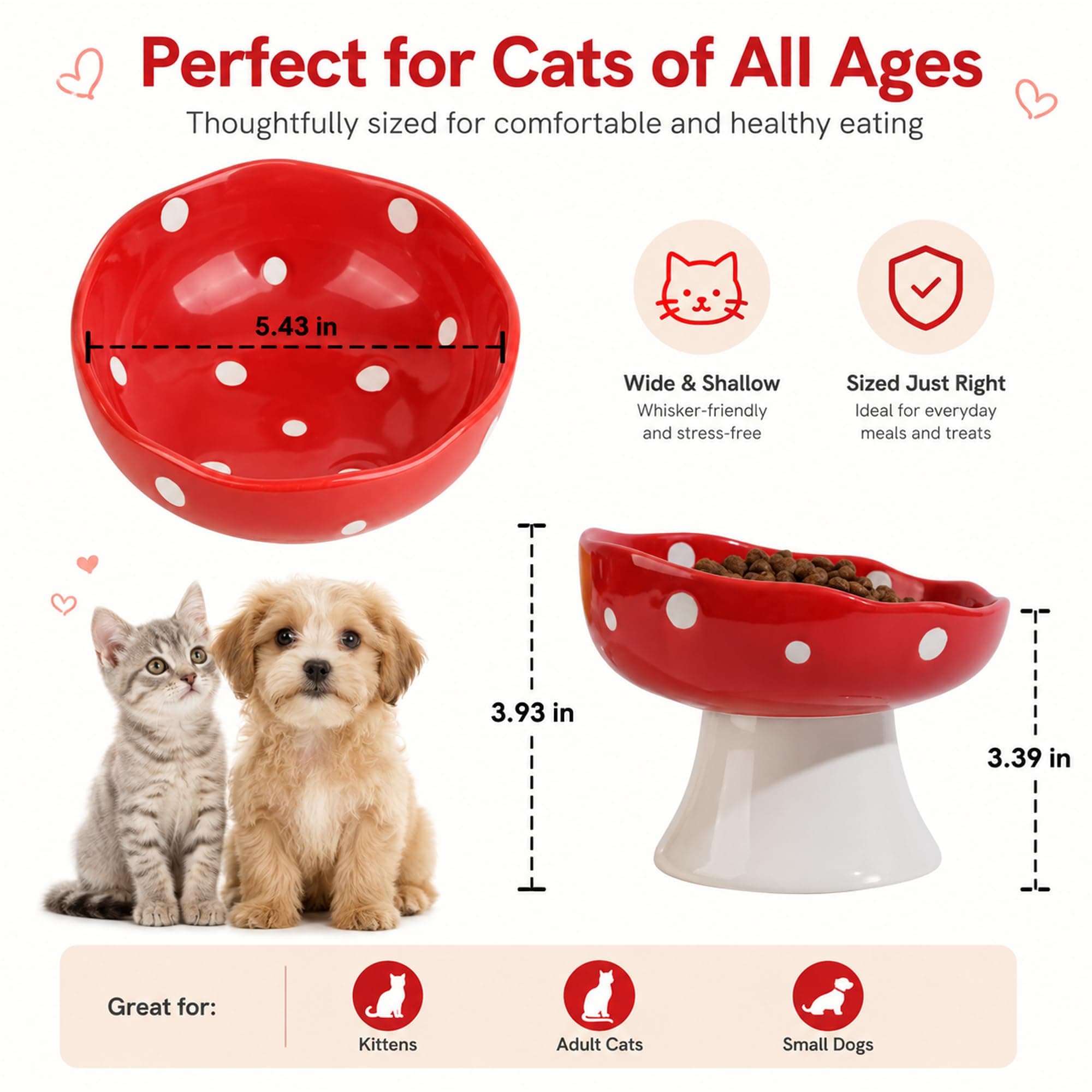 Red Mushroom Cat Bowl, Elevated Ceramic Bowl For Cats Cute Mushroom, Elevated, Ceramic, Whisker Friendly, Wide Opening, Stable, Easy Clean
