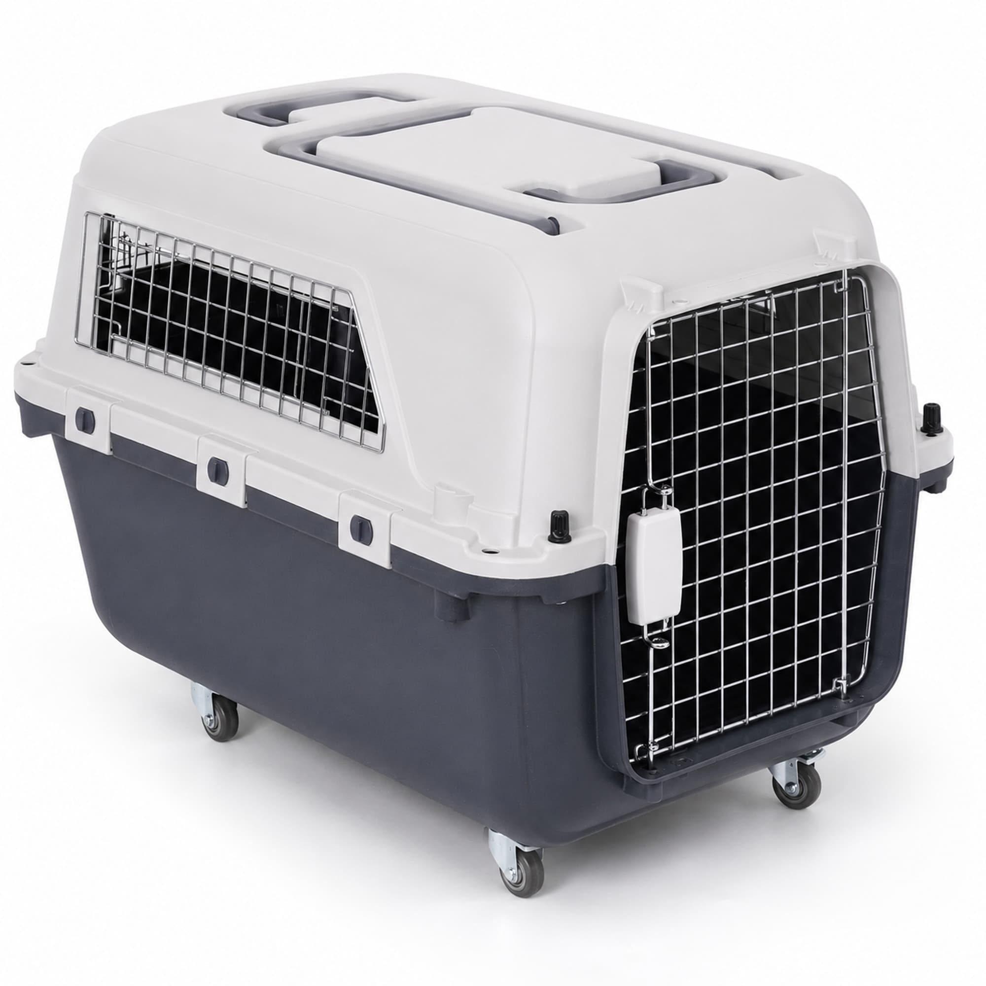 Large Pet Carrier For Cats And Dogs, Travel Crate With Ventilated Metal Door, Dual-Point Locking System, Removable Wheels And Detachable Top, Kennel For Car Travel