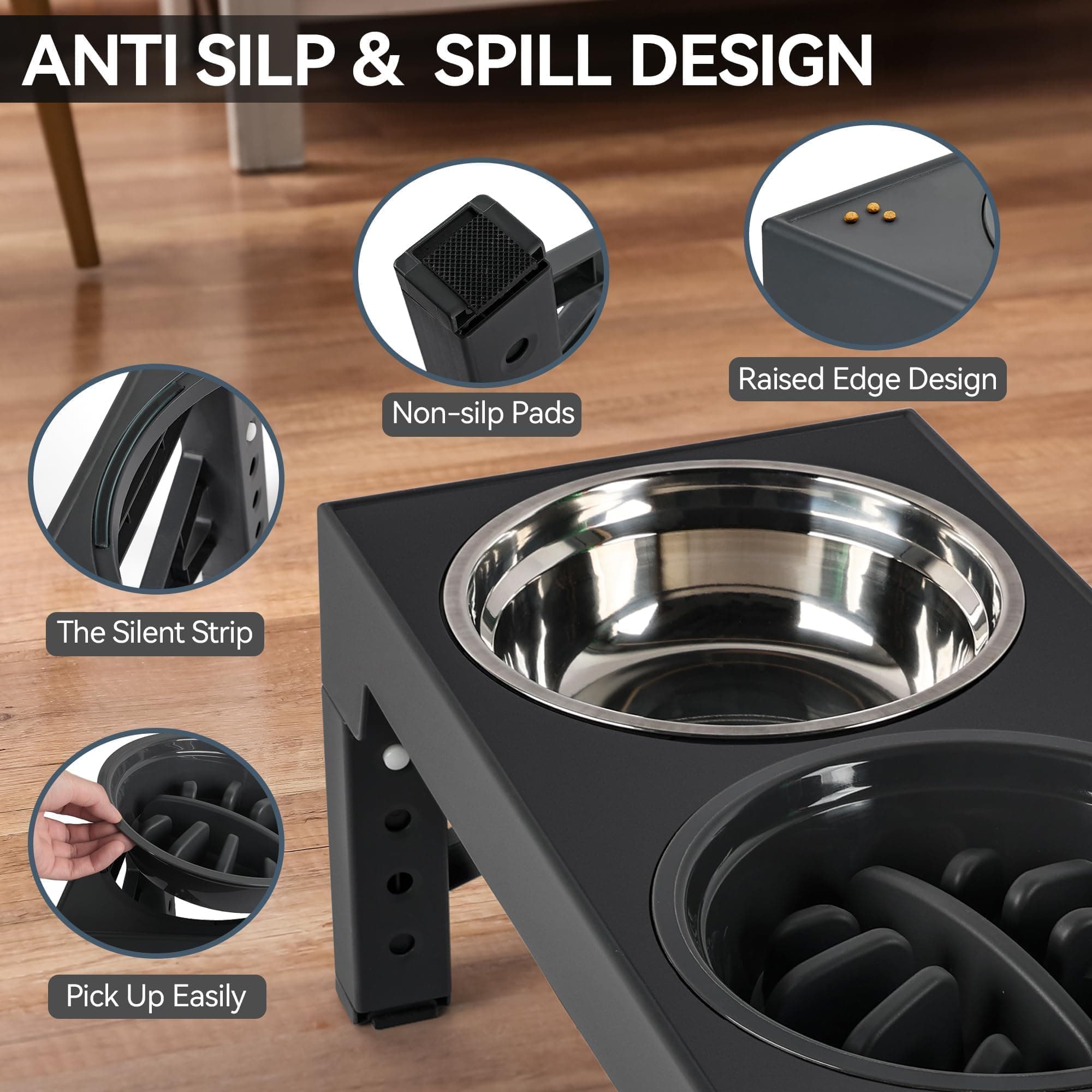 Elevated Dog Bowls, Raised Dog Bowl With Slow Feeder Bowl & Stainless Steel Bowls, 5 Heights Adjustable Dog Feeding Bowl Stand For Small Medium Large Dogs, Food Dishes With Non-Slip Feet