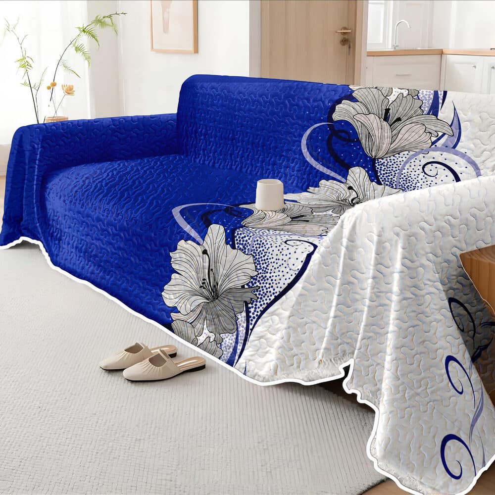 Blue Floral Quilted Sofa Cover, 1-Piece Couch Cover For Sofa, Loveseat And Daybed, Soft Microfiber