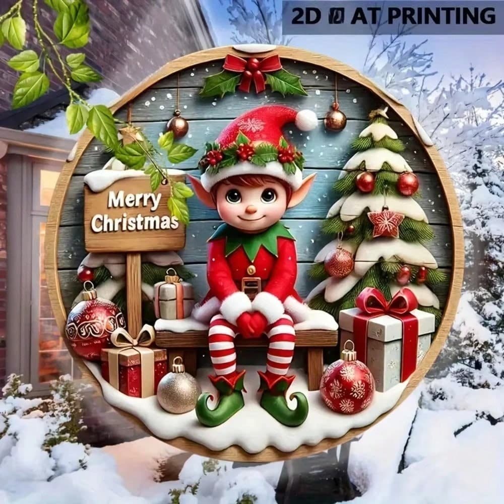 Christmas Elf Round Wooden Sign Wall Decor - 2D Nordic Home Bar