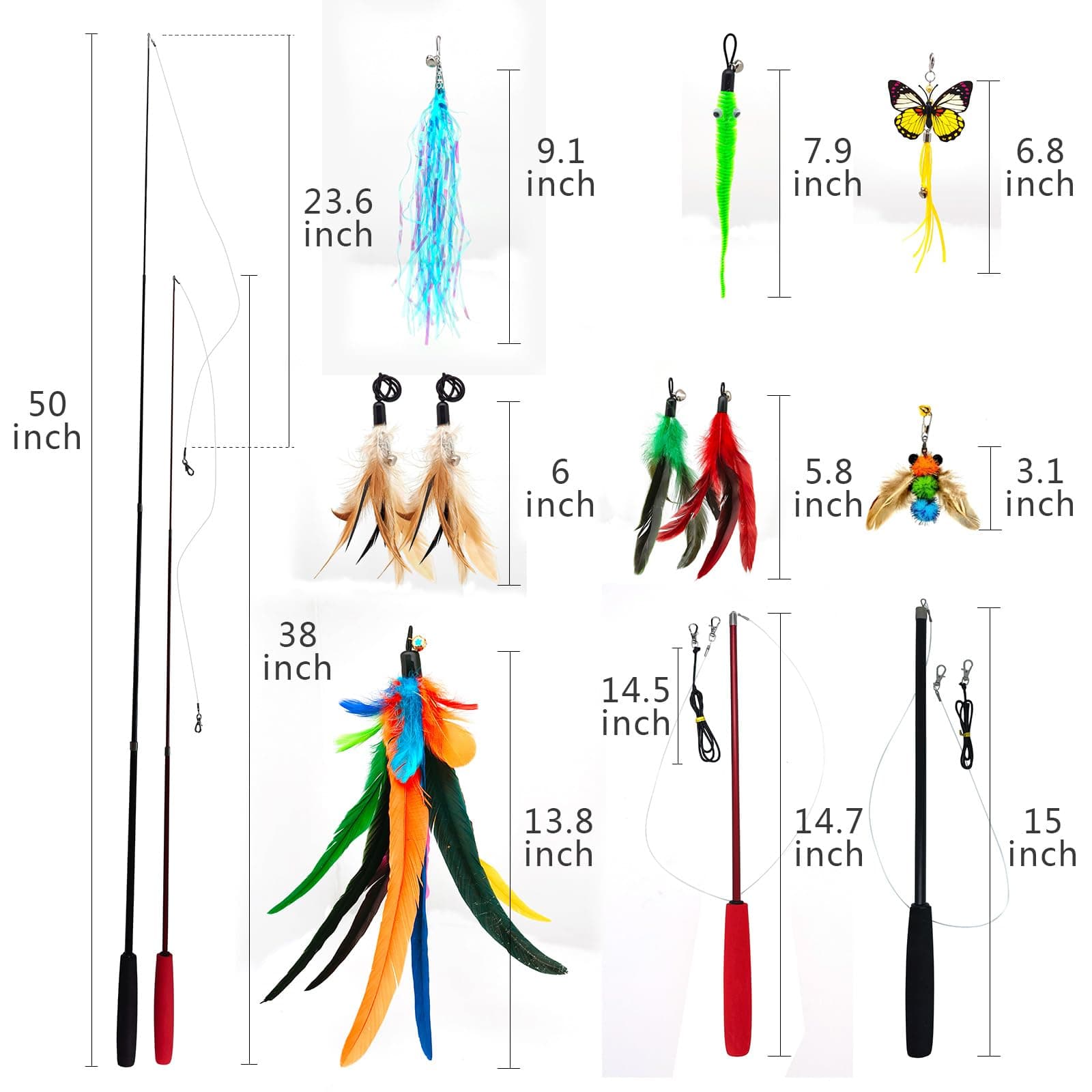 2PCS Retractable Cat Teaser Wands & 9PCS Feather Refills Toy Set Dual-size Telescopic Rods, Da Bird Feather Attachments With Bells Replacement,interactive Fishing Pole Toys
