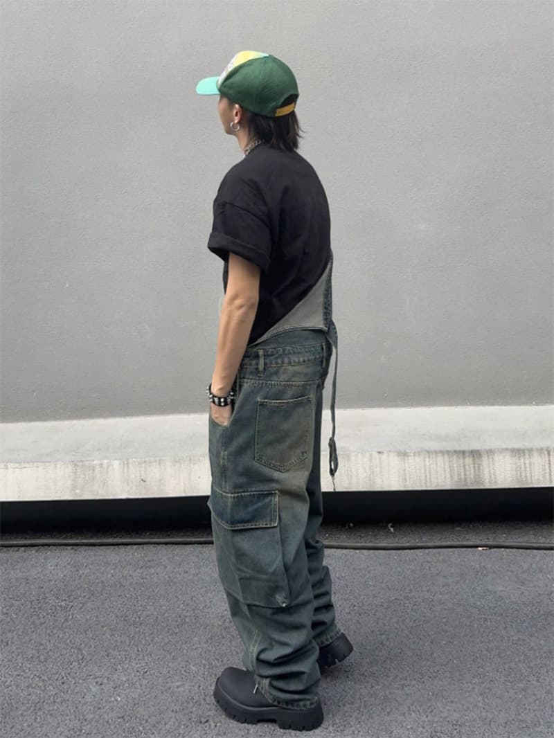 Mens Vintage Denim Bib Overalls Faded Wash Wide Leg Baggy Streetwear Dungarees US Warehouse Ready Stock