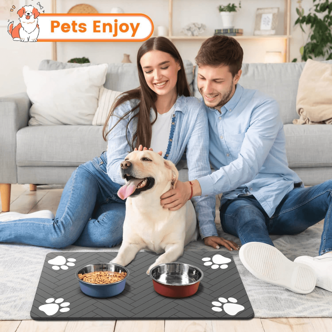 Absorbent Pet Feeding Mat 20x12 Inch, Waterproof Rubber Backing, Dark Gray Striped