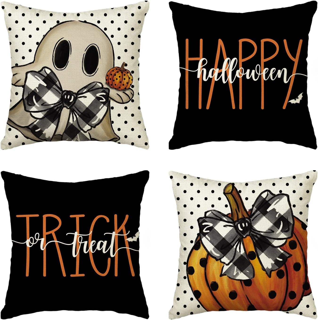Happy Halloween Ghost Pillow Covers 4 Pack, 18x18 Inch Black Polka Dot Pumpkin Bat Cushion Cases For Sofa And Couch