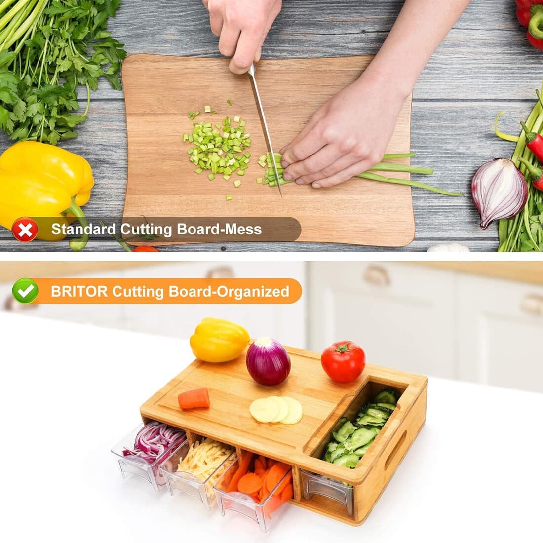Chopping Board With Containers, Large Bamboo Cutting Board With Anti Slip Pads