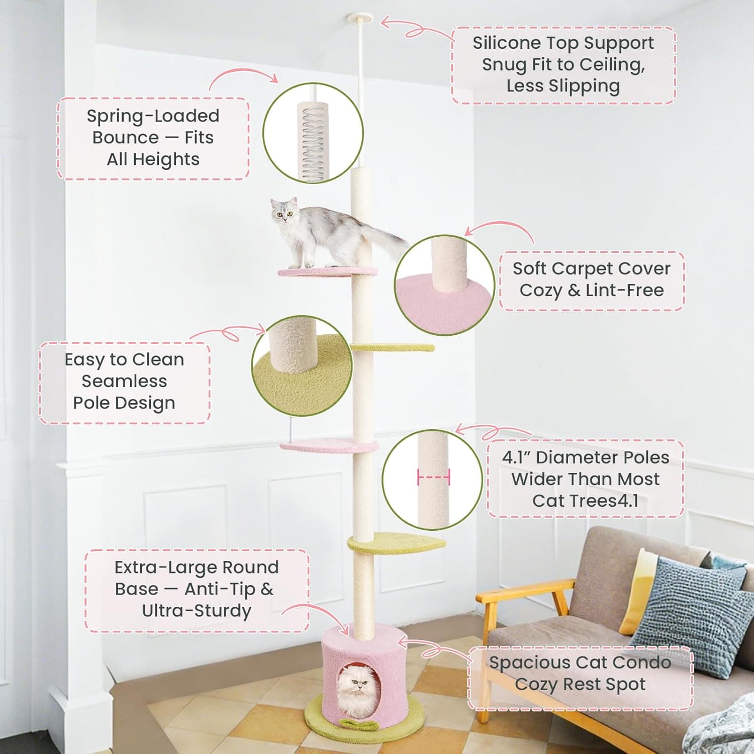 Max & Marlow Cat Tree Floor-to-Ceiling Adjustable Height, Featuring Carpeted Scratching Posts And Cushioned Platforms For Indoor Cats Pink,Pickup Only