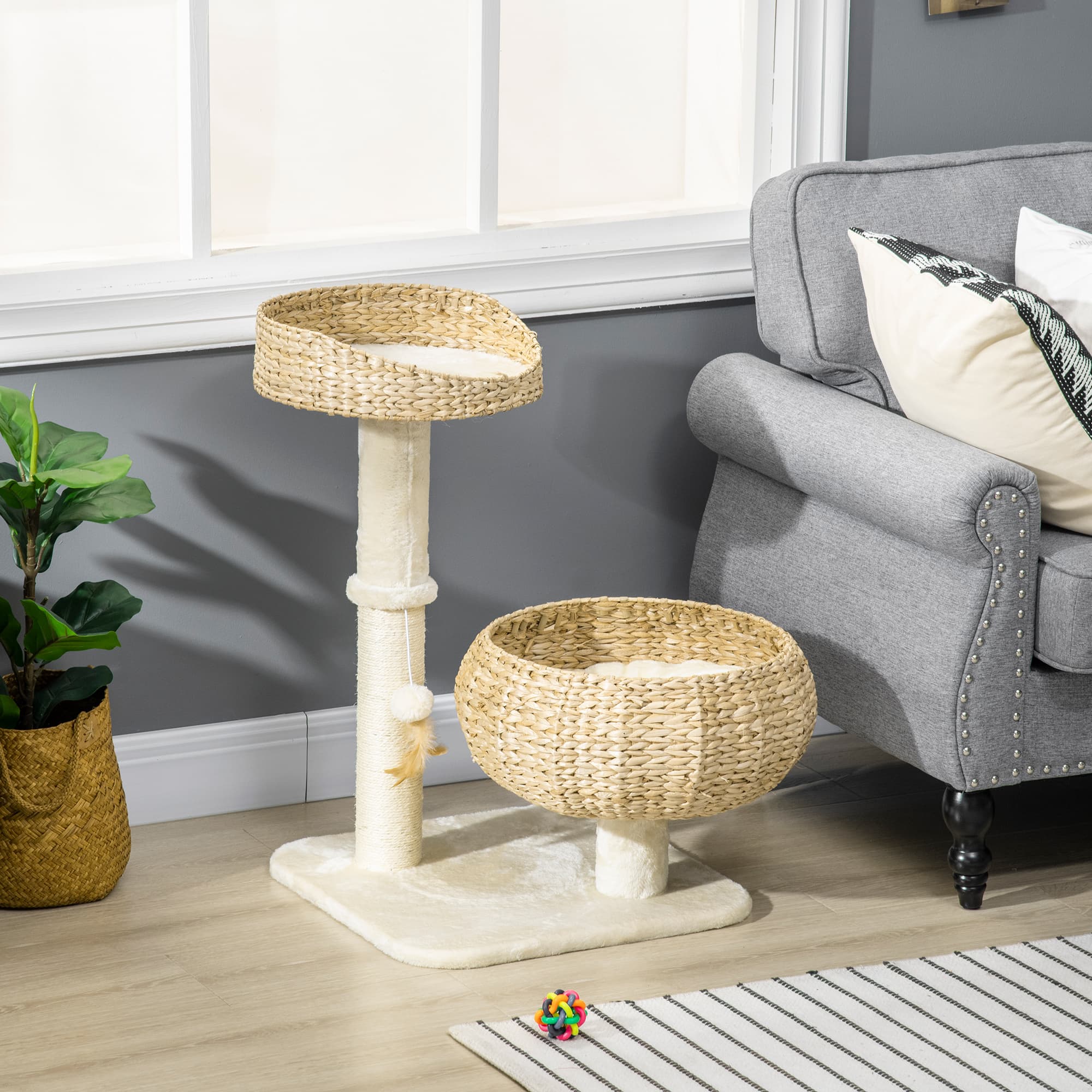 72cm Cat Tree Kitten Tower, With Sisal Scratching Post, Two Beds, Toy Ball