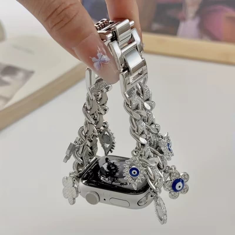 Denim Chain Metal Decorative Watch Band With Style Pendant Devil Eye Design, ForApple Watch 11