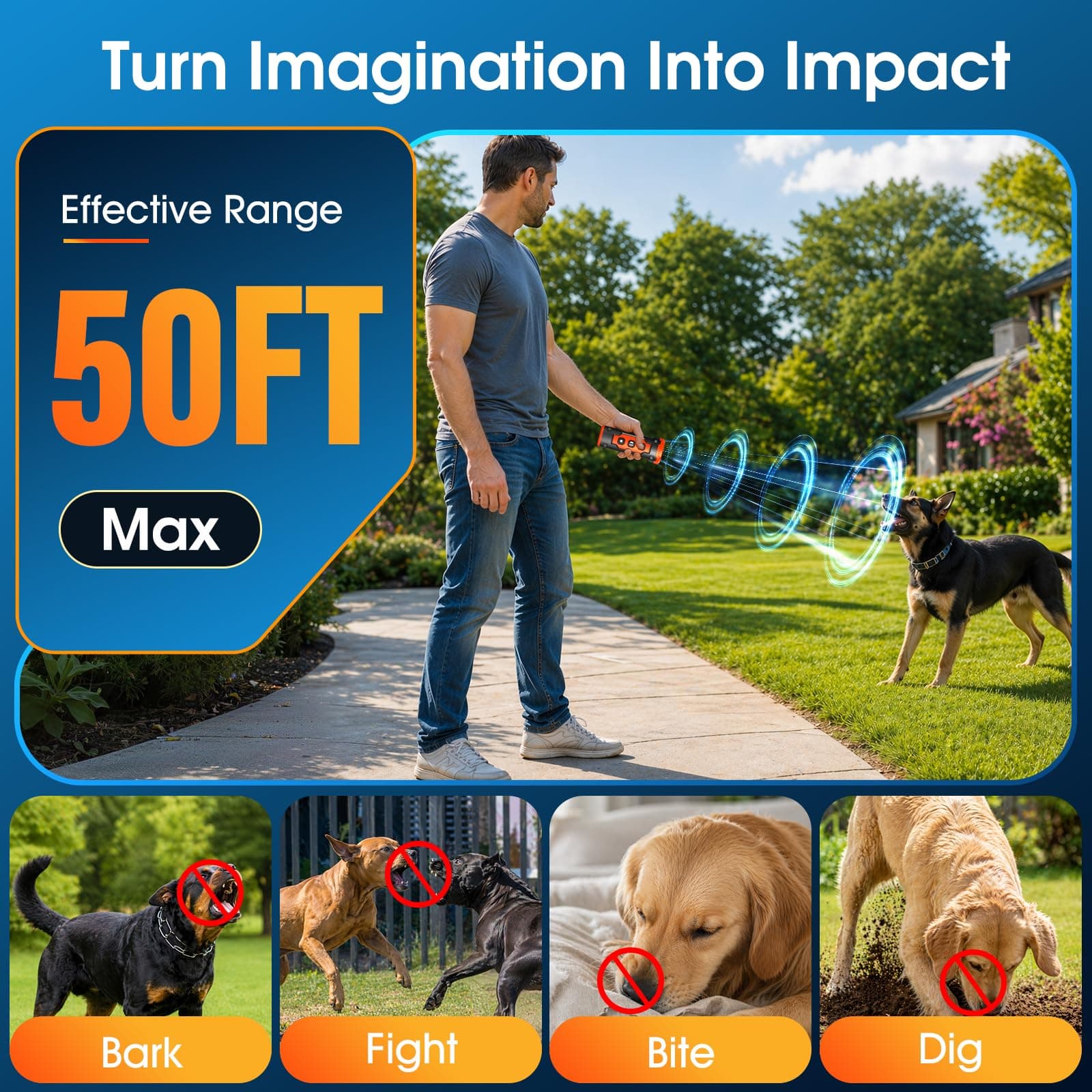 Dog Bark Deterrent Devices, 1-Touch Anti-Barking Device For Dogs With 3 Ultrasonic Heads, 50ft Range, Rechargeable & Safe Dog Training Tool With Flashlight, Helps Improve Behavior