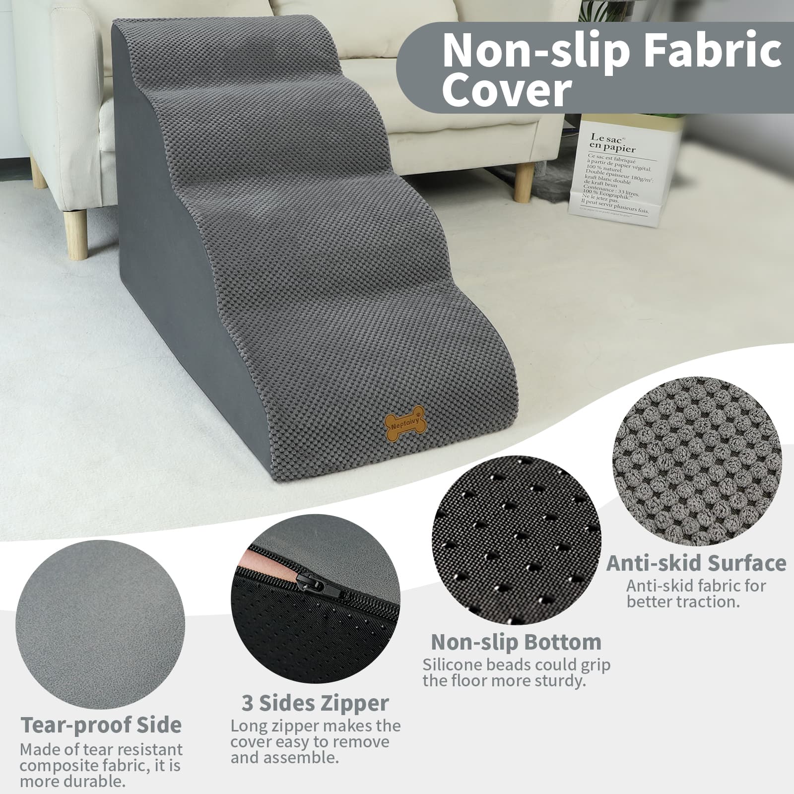 Nepfaivy Dog Steps Stairs For Bed - Non-Slip Pet Stairs For Small Dogs And Cats, Dog Ramp For Sofa With High Density Foam And Removable Cover