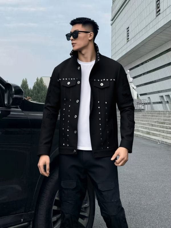 Big And Tall Black Denim Jacket Men Studded Punk Plus Size Jean Jacket Streetwear US Stock