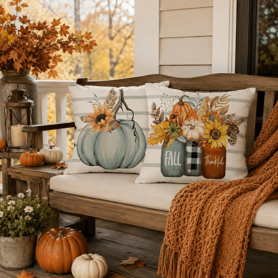 Fall Pillow Covers 18x18 Set Of 4, Pumpkin Farmhouse Decor For Sofa