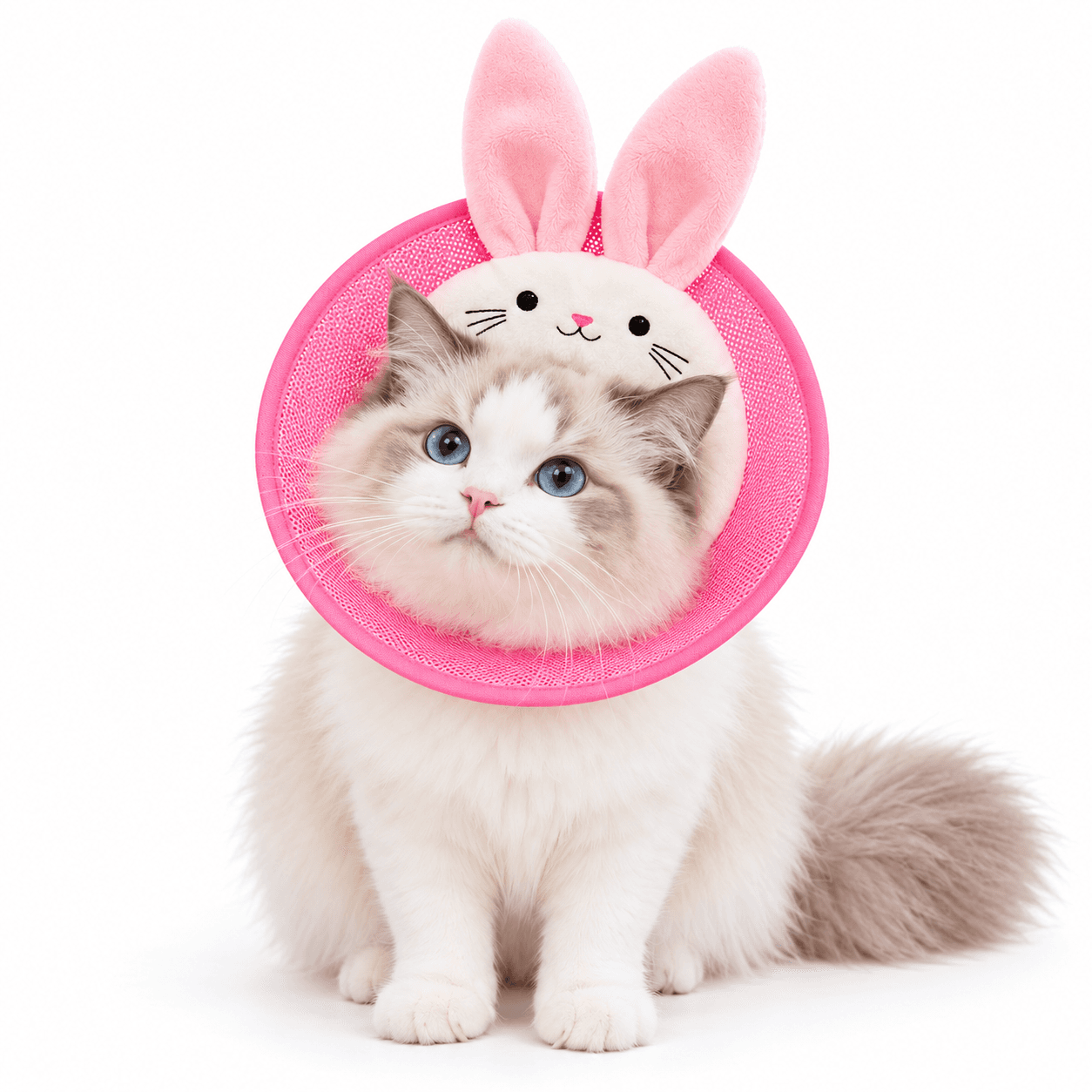 Pink Bunny Cat Recovery Collar Soft Breathable Mesh Pet Cone Adjustable Hook And Loop Anti Licking Wound Healing E Collar Lightweight Plush Bunny Ear Design For Cats Kittens