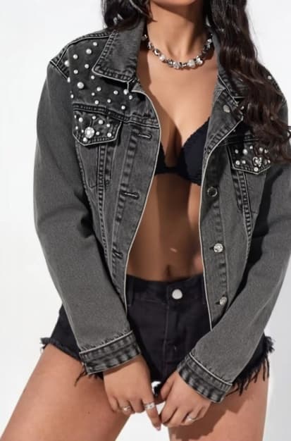 Women Pearl Studded Denim Jacket Black Washed Embellished Jean Jacket Fashion Streetwear Outerwear US Ready Stock