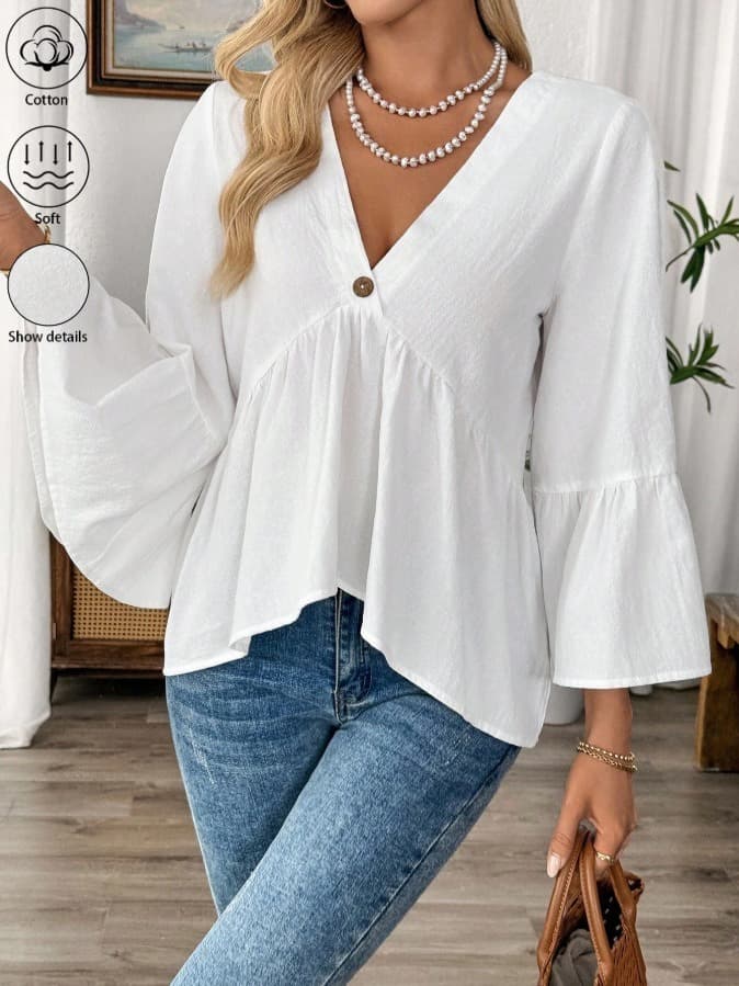 2026 New Arrival Women's Spring Summer Solid Color V-Neck Ruffle Sleeve Blouse, Loose Elegant Casual Tops