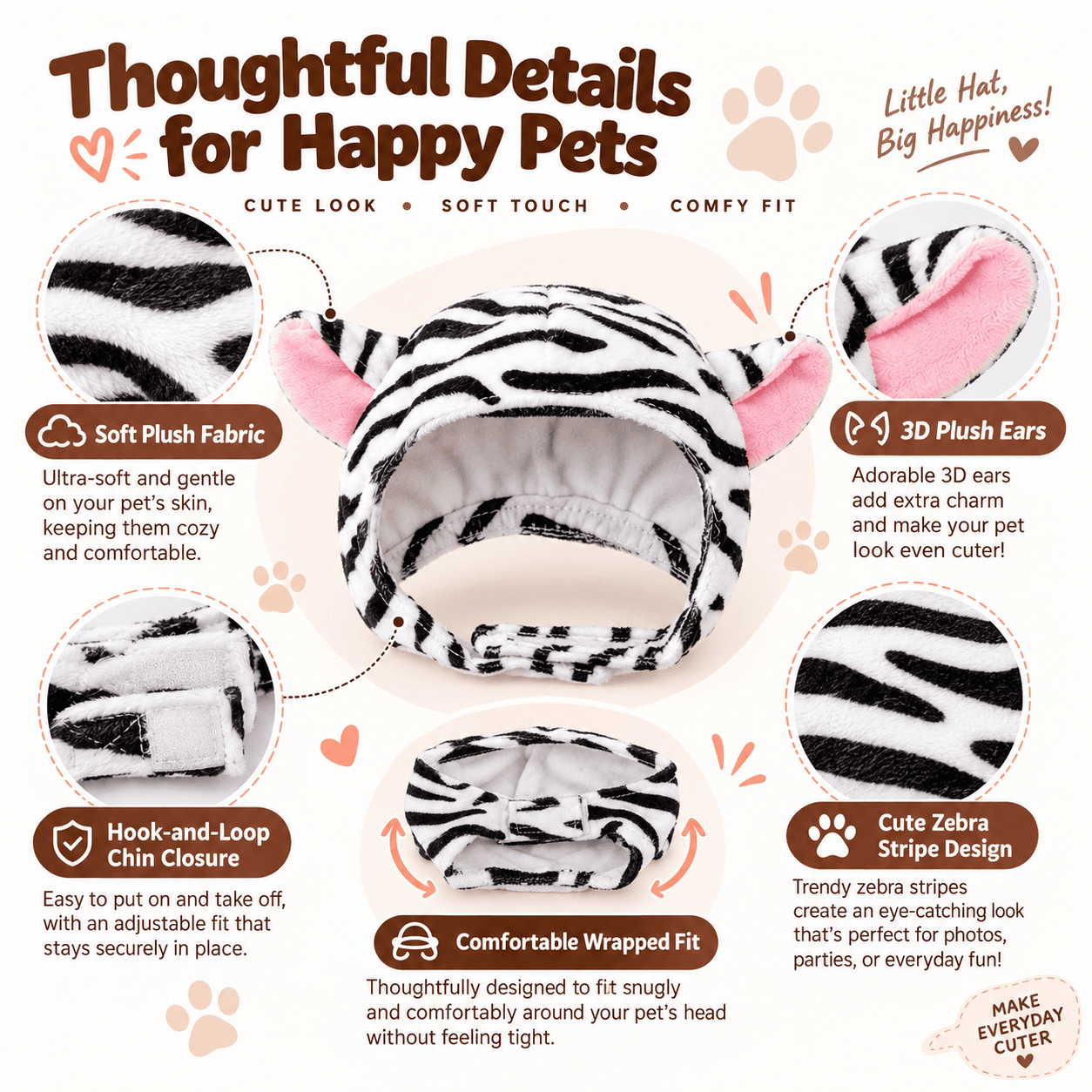 Cute Zebra Print Pet Hat Soft Plush Cat Dog Headwear With 3D Pink Ears Adjustable Hook And Loop Chin Strap Lightweight Costume For Halloween Parties Photo