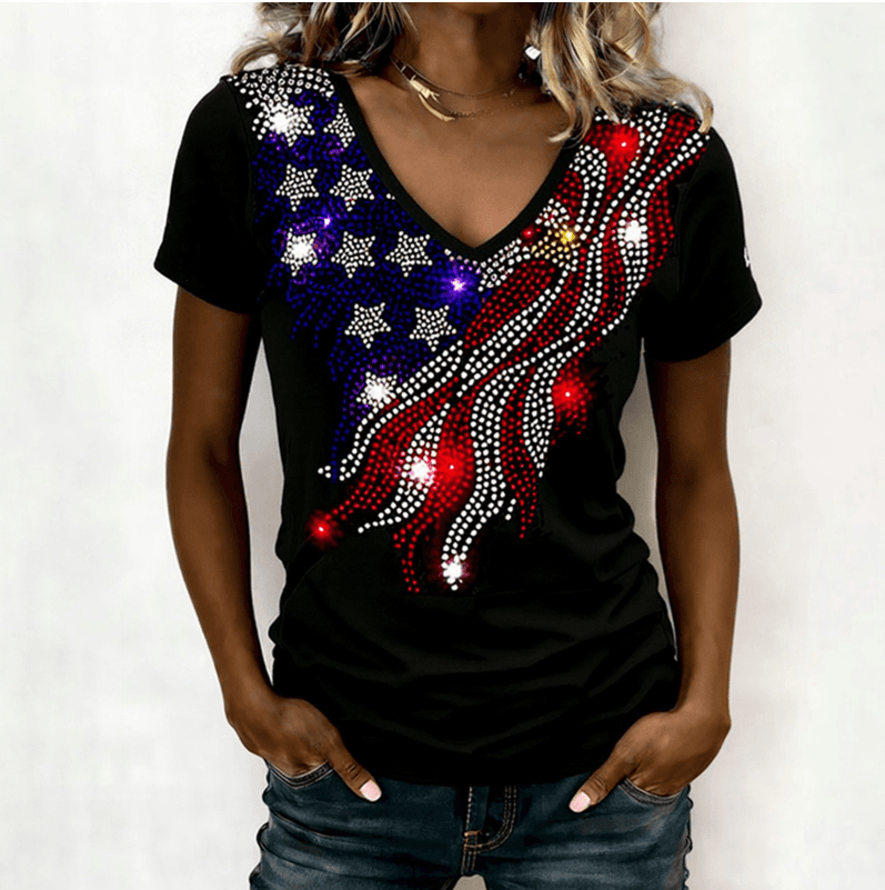 Women's Independence Day Rhinestone Pullover V-Neck T-Shirt