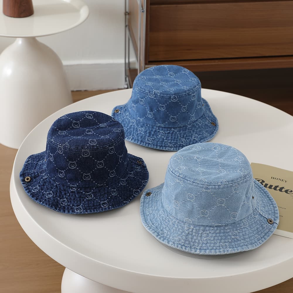Washed Denim Jacquard Little Bear Fisherman Hat With Wide Brim And Rolled Edge Bucket Hat For Big Children's Outdoor Play And Leisure