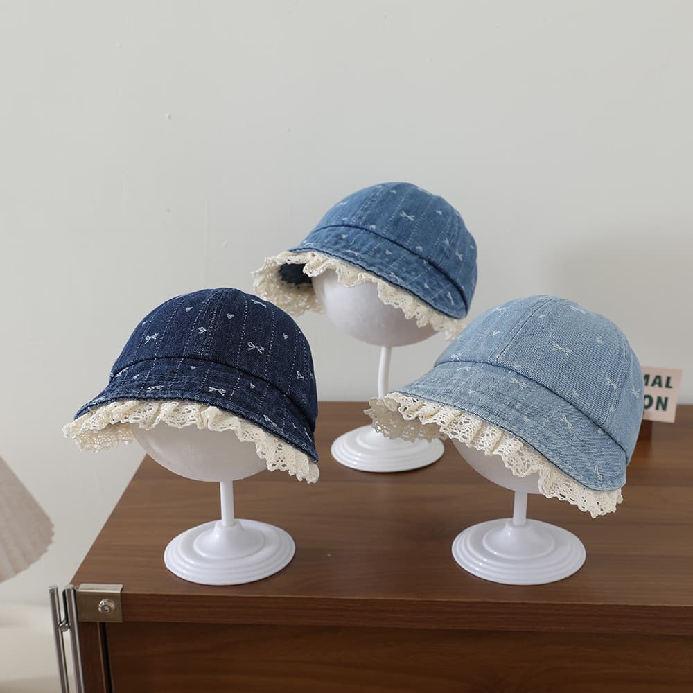 Children's Korean-style Textured Butterfly Knot Lace Trimmed Sailor Hat, Washed And Distressed Wide Brim Soft Cap