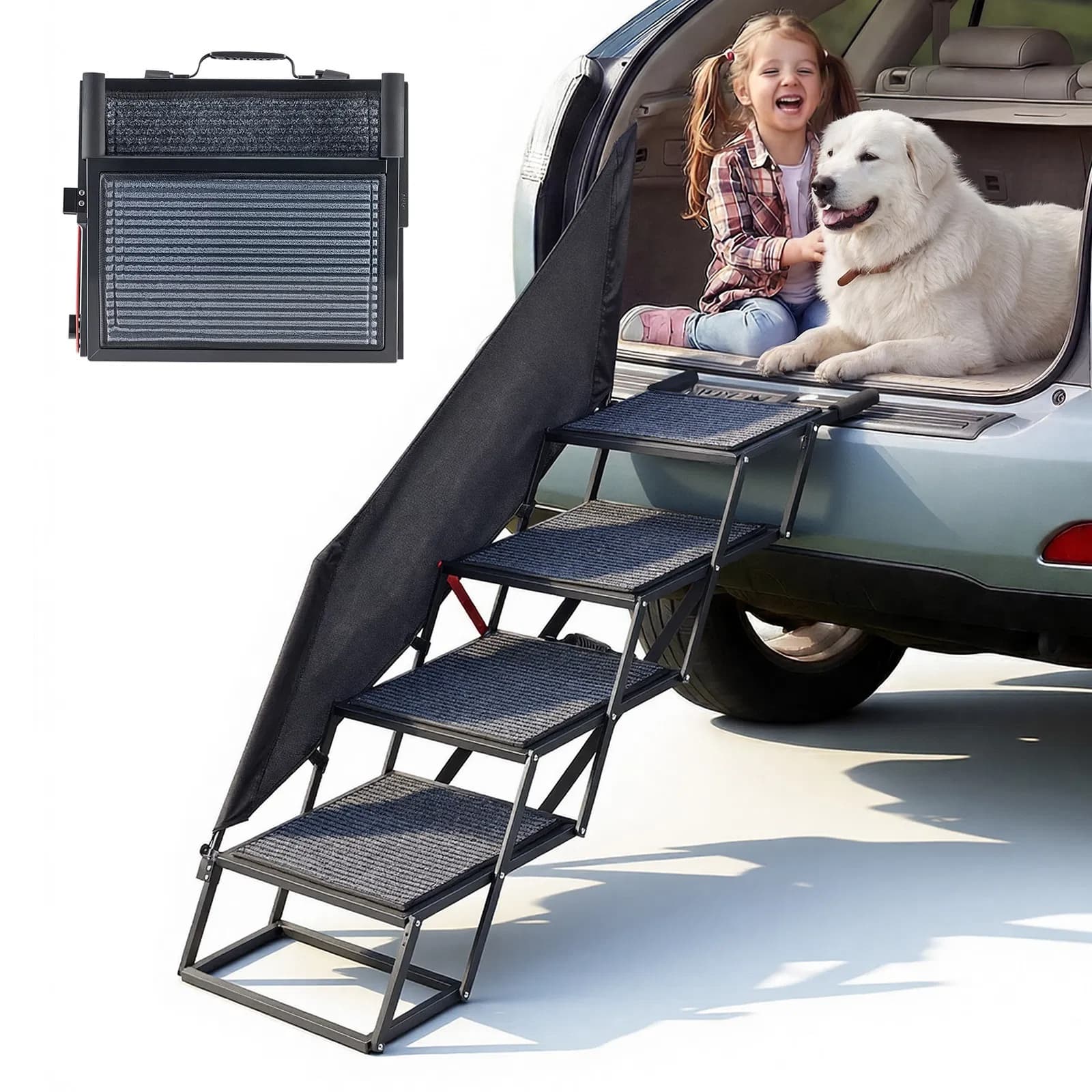 Dog Stairs For Car, 4-Step Extra-Wide Foldable Pet Ramp With Non-Slip Rug Surface, Lightweight Portable Dog Ladder For SUV, Truck, High Beds And Sofas, Supports Up To 400 Lbs