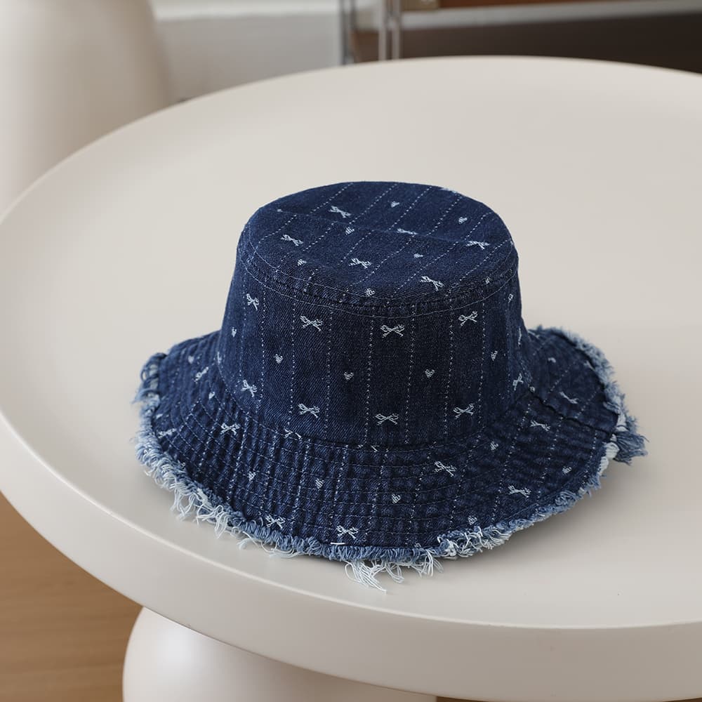 Full-printed Bow-shaped Heart Children's Denim Fisherman Hat, Washed And Distressed Fringed Bucket Hat For Outdoor Travel
