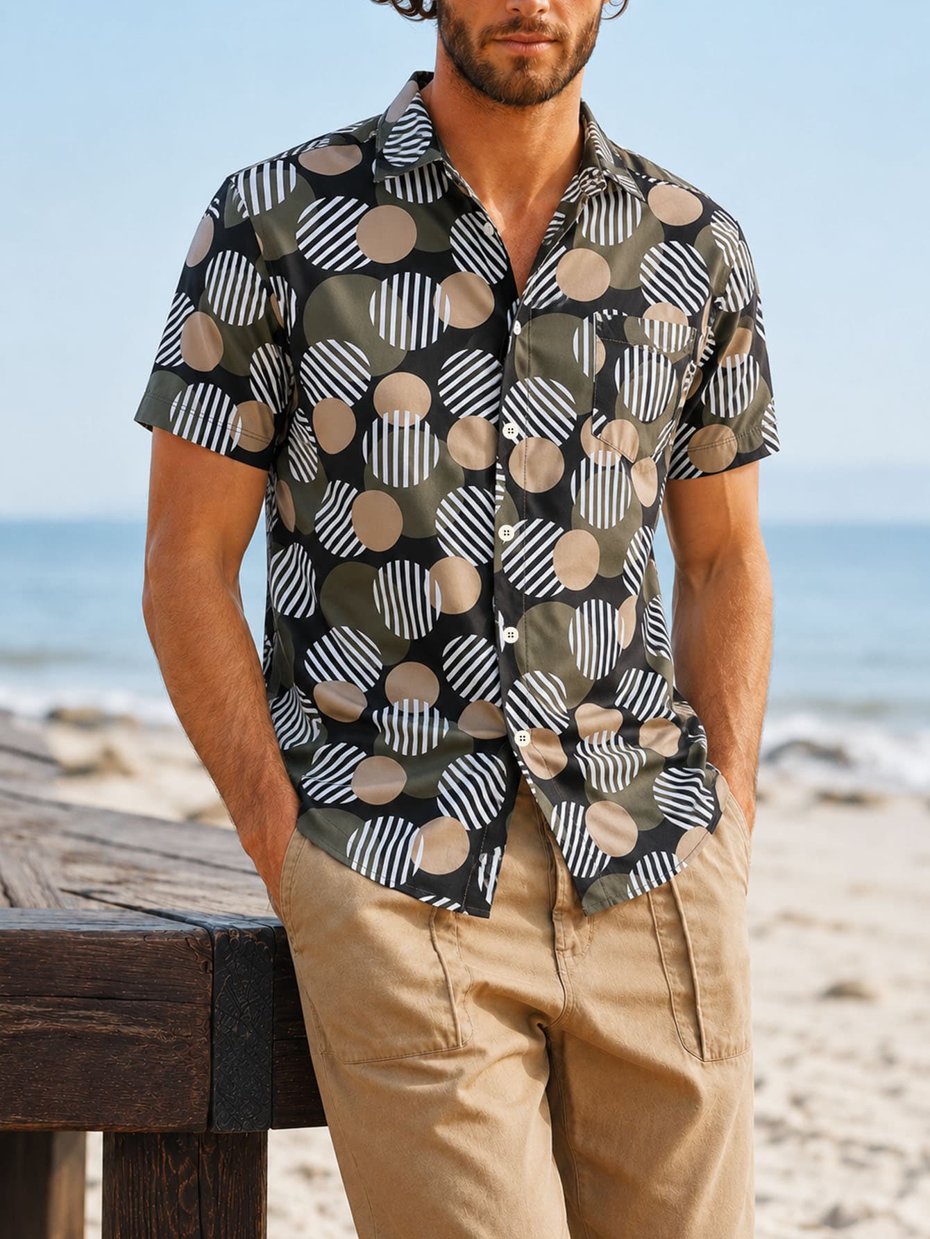 Trendy Men's Resort Wear,All-Over Tropical,Print Button-Up Shirt,Stylish Outfit