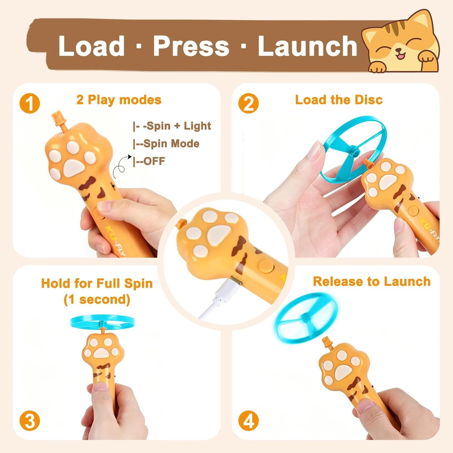 10 Flying&Cat Toy Disc Launcher, Rechargeable Interactive Cat Fetch Toy Launcher
