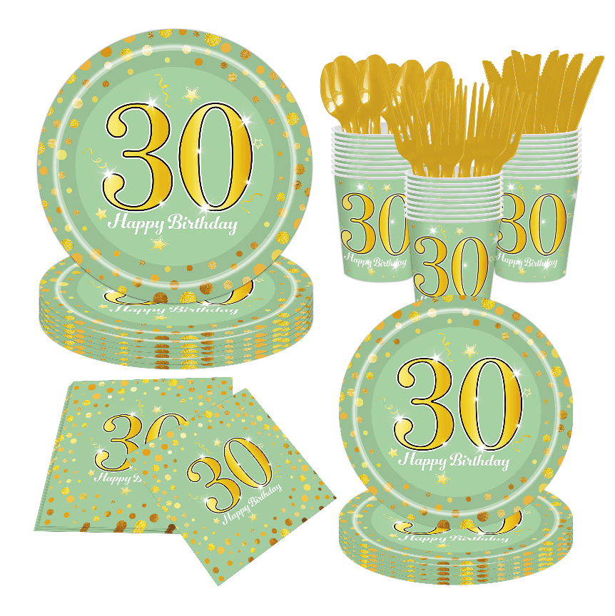 Sage Green Gold 30th Birthday Disposable Tableware Set, 30 Birthday Party Plates Cups Napkins Cutlery