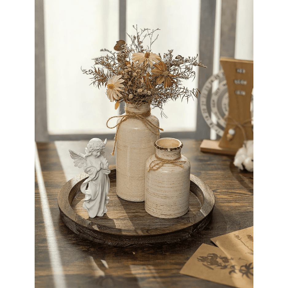 Hanobe Candle Holder Tray Decor Round Coffee Table Decorative Tray For Home Decor - Farmhouse Wood Plate Circle Display For Living Room Kitchen Centerpiece