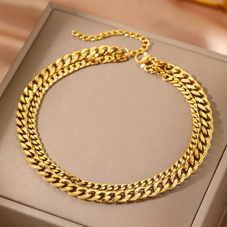 2Pcs Women Double Layer Cuban Chain Anklet Gold Silver Tone Stainless Steel Adjustable Curb Chain Ankle Bracelet Summer Beach Foot Jewelry Gift For Ladies