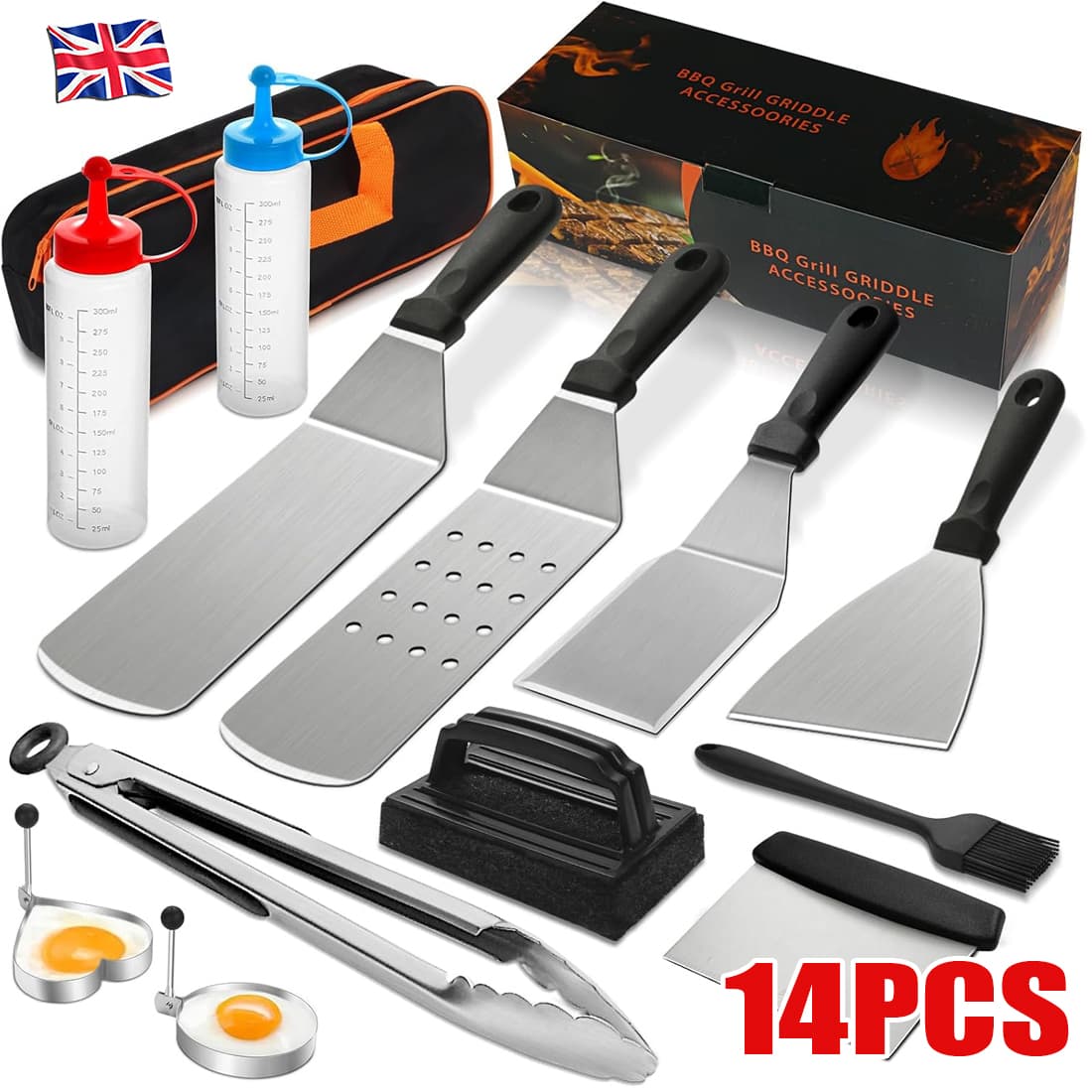 14 Pcs Professional Stainless Steel Griddle Grill Tools Set BBQ Accessories UK