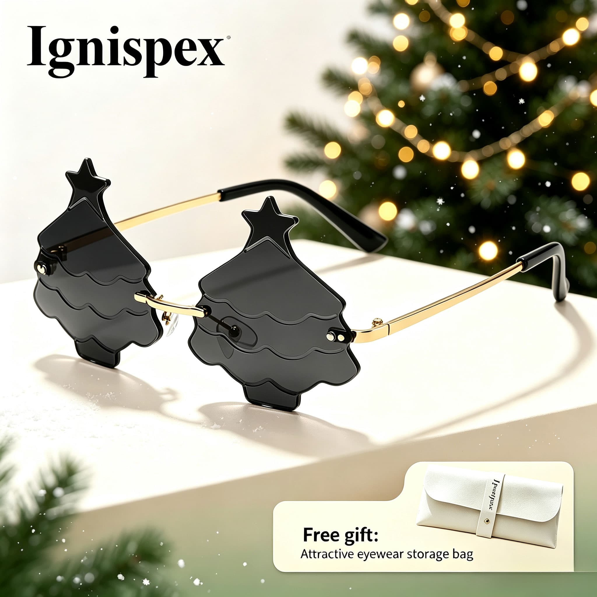 Christmas Tree Shaped Sunglasses, Gradient Green Lens, Rimless Festive Eyewear, Comes With Free Storage Bag.