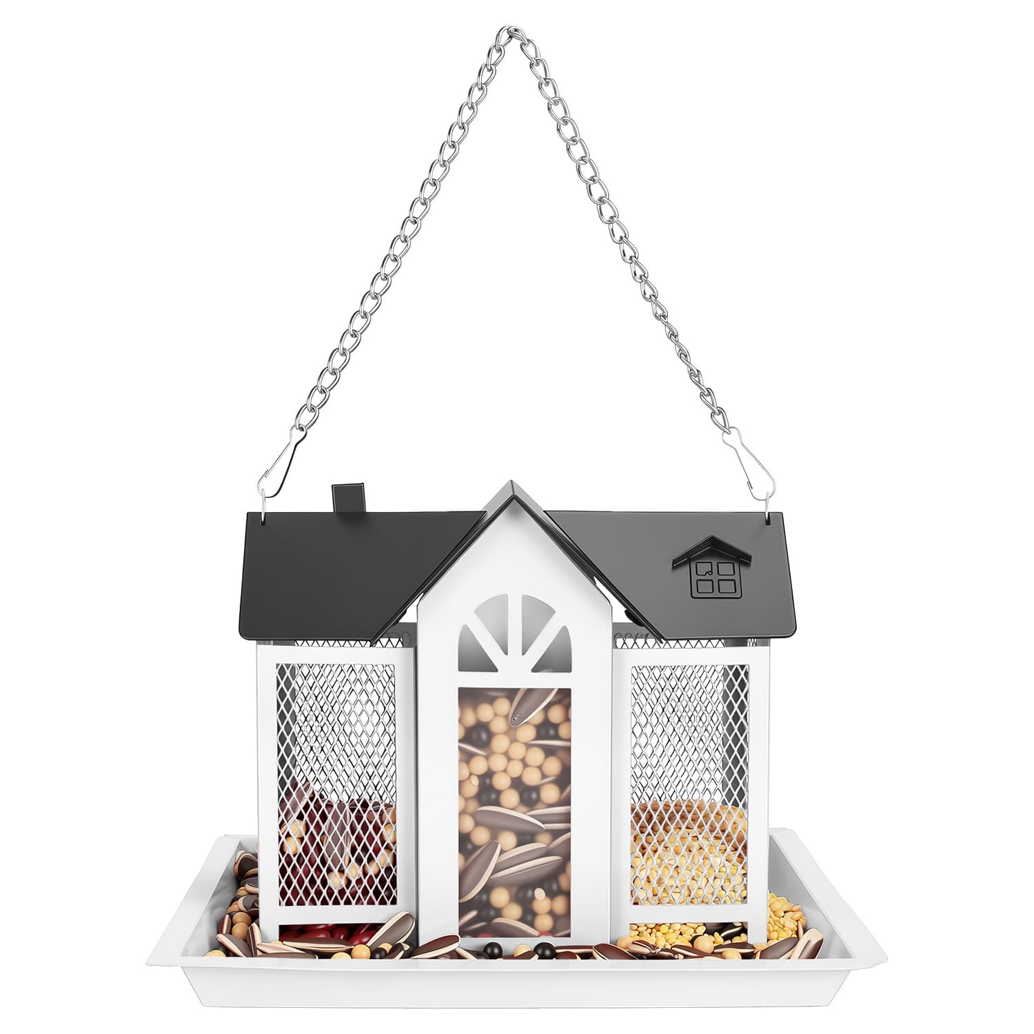 1Pc Metal Hanging Bird Feeder House Classic Barn Bird Feeder House Iron Hanging Outdoor Feeder With Visible Window And Lift Top Lid 15.75in Hanging Length Wild Birds Garden Yard