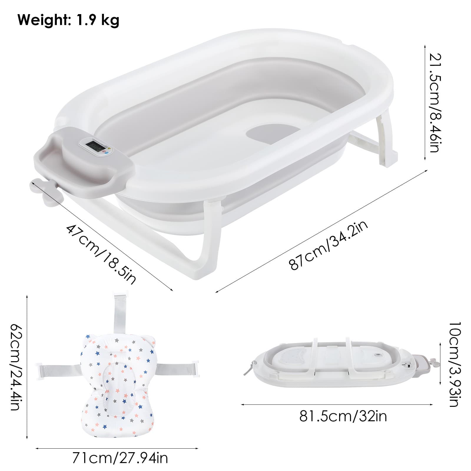 Baby Bath Tub Foldable Bathtub With Thermometer&Support Cushion Pad Seat Mat