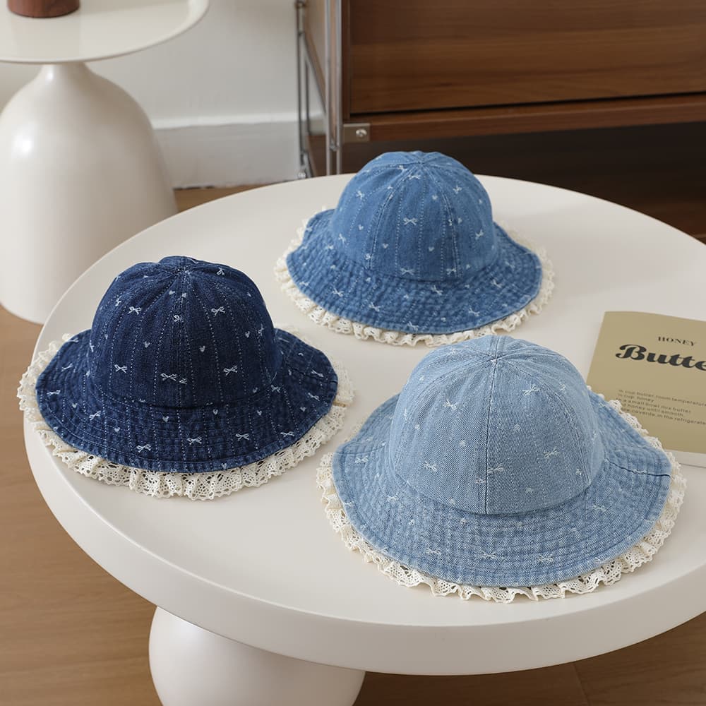 Children's Sweet And Cute Lace Edge Wide-brimmed Fisherman Hat With Washable Jacquard Butterfly Knot Heart Bucket Style Hat