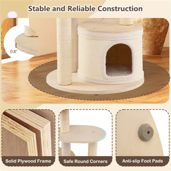60 Inch Tall Wooden Cat Tree Multi-Level Cat Tower With Sisal Scratching Posts & Condos For Indoor Cats, Natural