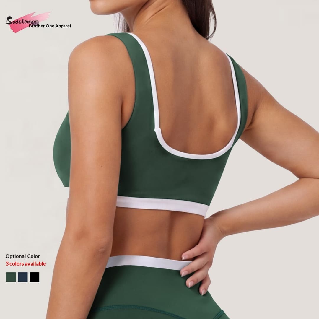 Womens Contrast Double Strap Sports Bra Square Neck Wireless Padded Yoga Crop Top