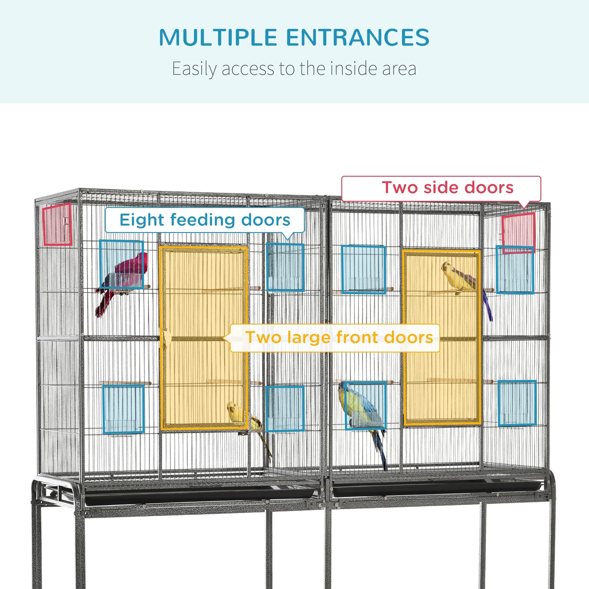 64" Extra Large Bird Cage, Rolling Metal Parrot Cage, Bird House with Detachable Rolling Stand, Storage Shelf, Wood Perch, Food Container, 62.8" x 18.9" x 64.2"