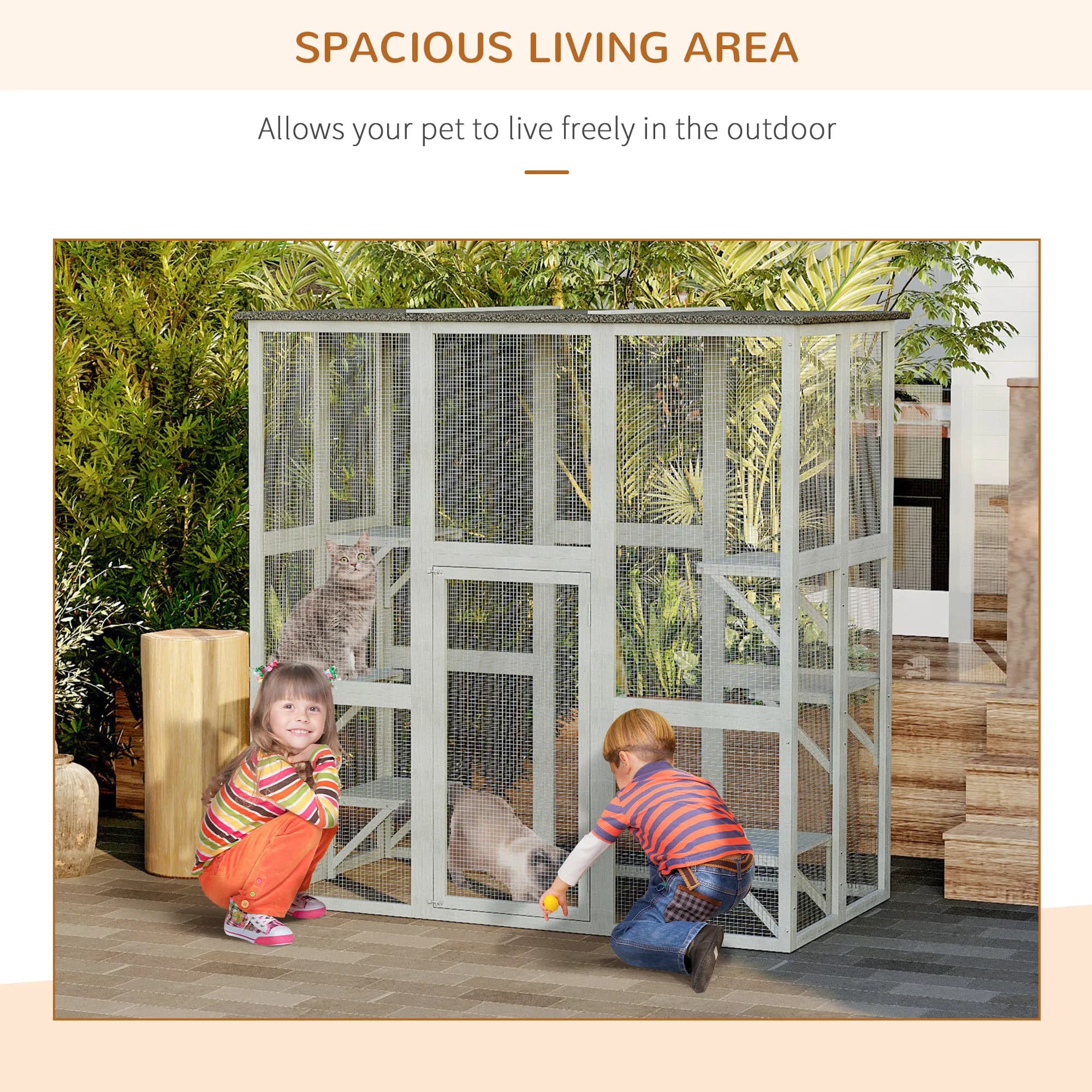 Large Outdoor Catio Enclosure, Weatherproof Cat House with Asphalt Roof, Wooden Cat Patio Cage with 6 Balanced Platforms, 71" x 39" x 71", Grey