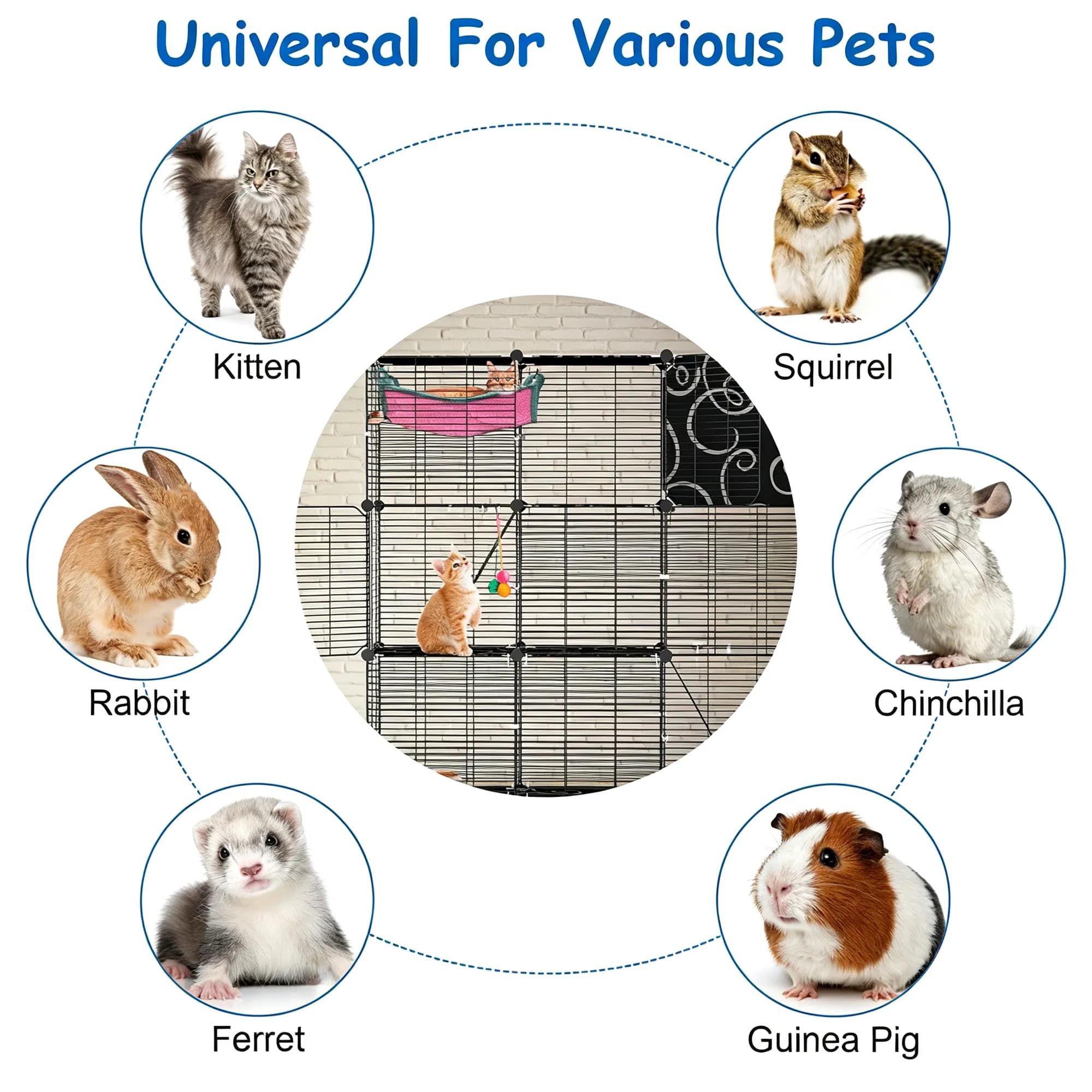 3-Level Metal Cat Cage Enclosure, Modular Pet Habitat with 3 Doors, 2 Ladders, Plush Hammock and Toy Ball for Small Indoor Animals