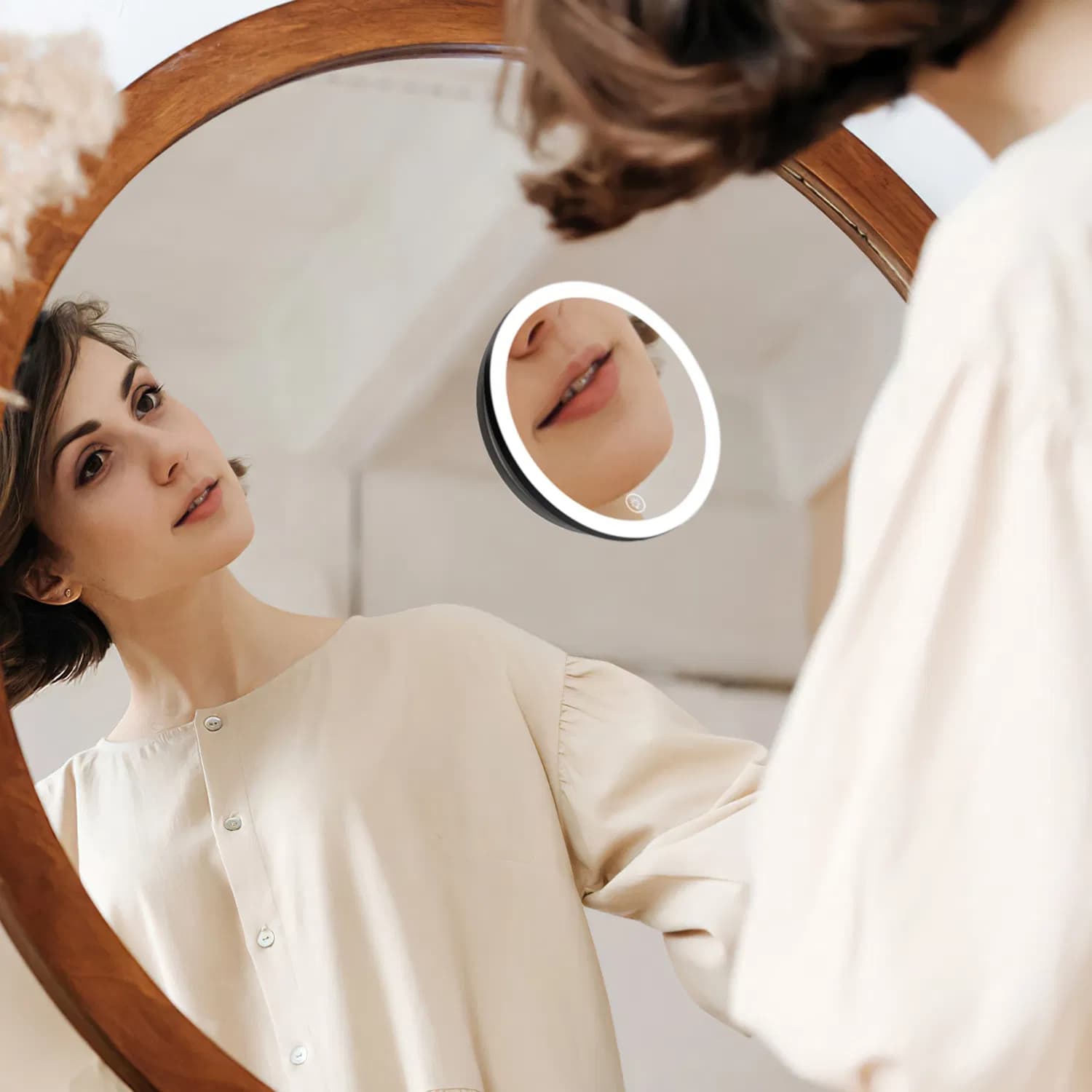 30X Magnifying Mirror With Light 3 Colors Dimmable Brightness Included Tweezer Scissor Travel Magnifying Makeup Mirror with Suction Cup 360° Adjustable Stand 20Mins Timer